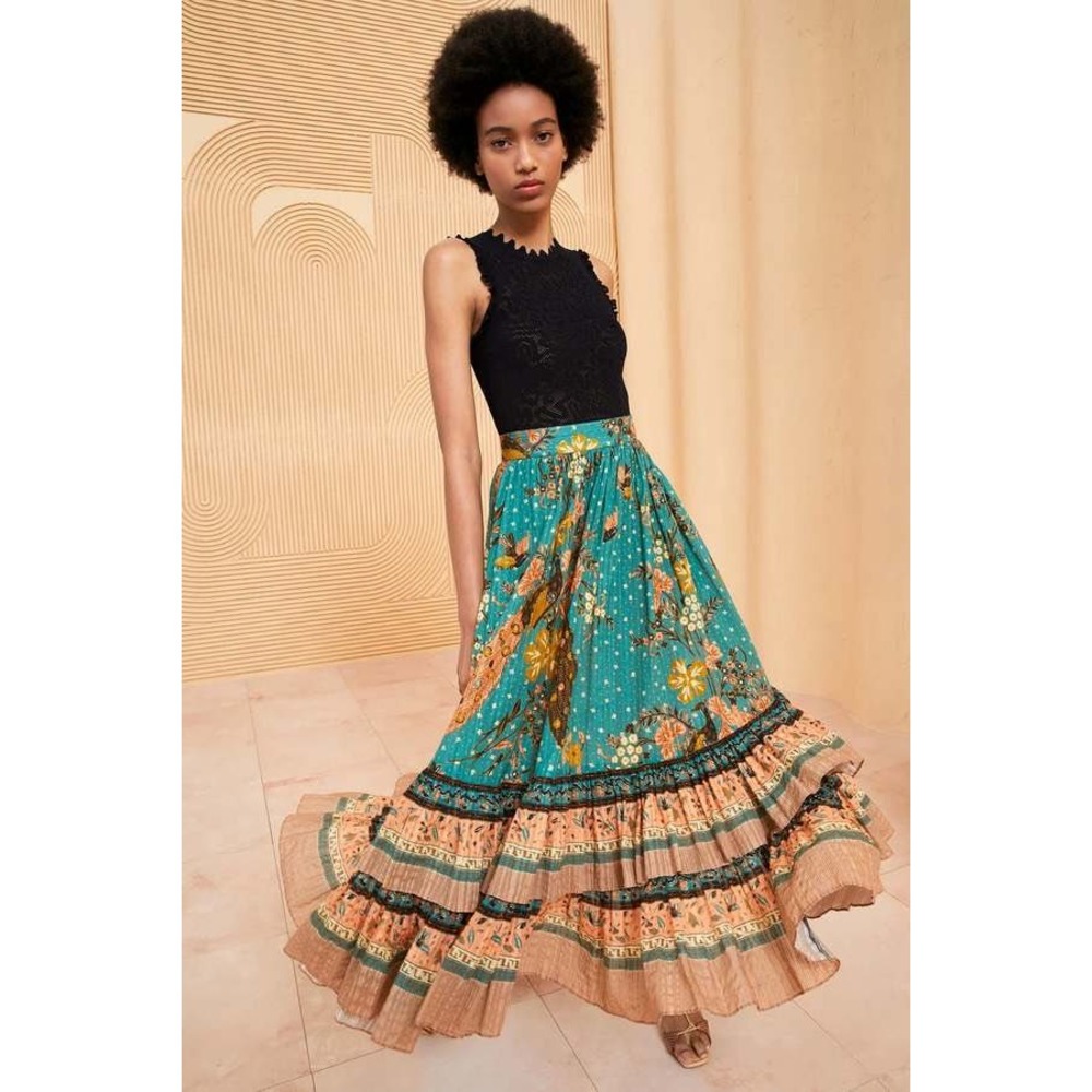 Ulla Johnson Teal Floral Tiered Midi Skirt with Peach Trim